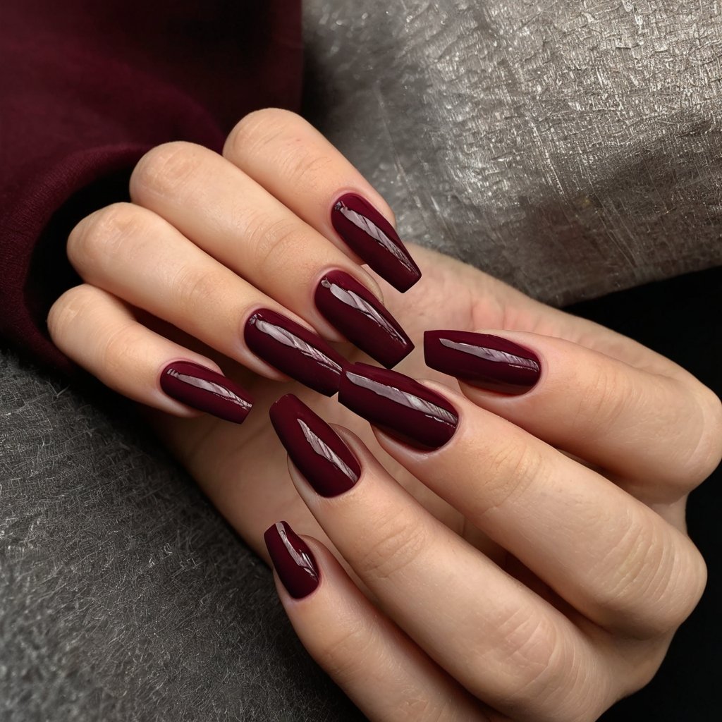 Hand with glossy burgundy coffin nails featuring subtle gold and marble design accents, elegantly posed in a minimalist setting, highlighting the sophistication and luxurious style of the manicure.