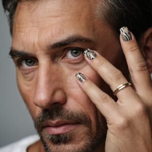 A closeup photo of a mans hand with painted nails