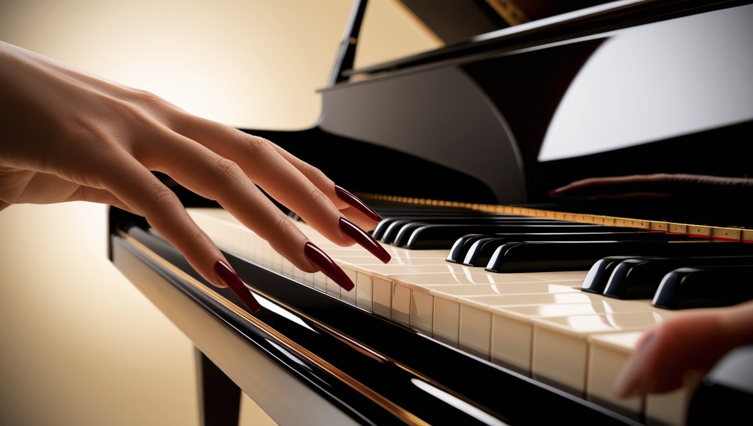 A highly detailed closeup shot of a pianists playing piano in long nails