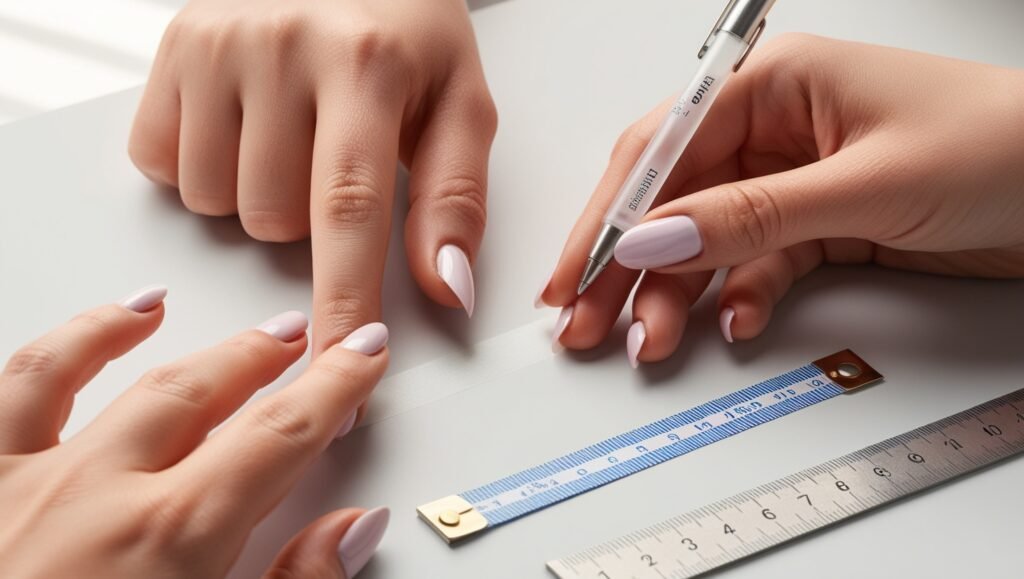 a closeup of hands nail measurement