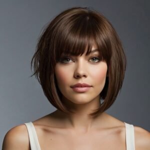 Asymmetrical bob with a deep side part for added volume.