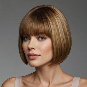 Sleek blunt bob with wispy bangs framing the forehead.