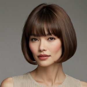 Chic bob with a blunt cut and soft, wispy bangs framing the jawline.