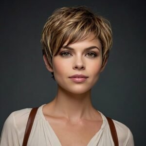 Voluminous pixie cut with choppy pieces for added texture.