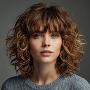 Playful, voluminous curls with curtain bangs for an effortless, messy look.