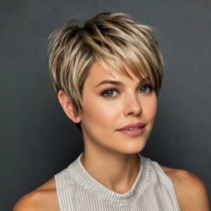 Light, textured pixie with feathered layers for a soft finish.