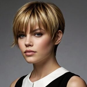 Edgy, choppy haircut grazing the shoulders with textured ends.