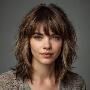 A trendy wolf cut softened with gentle bangs, offering a cool yet approachable style.