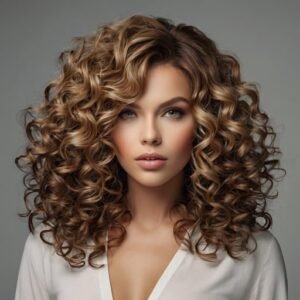 Bold, voluminous curls styled to frame the face, enhancing its proportions.